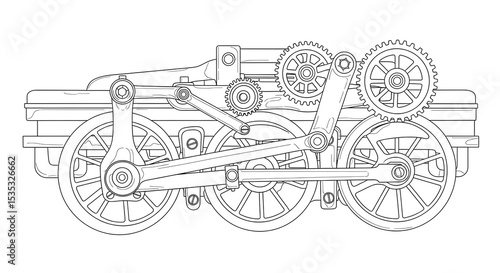 Steam engine train wheels mechanical engineering drawing vector illustration line art on transparent background