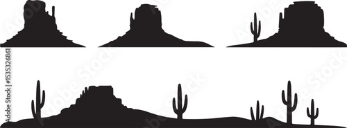 Silhouette Set of Desert Landscapes with Cacti and Buttes
