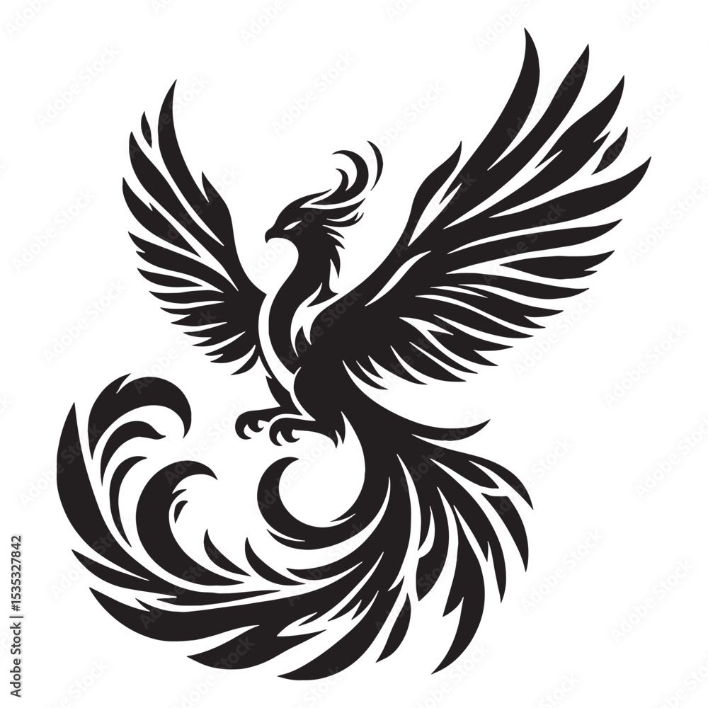 Fototapeta premium Fearsome Phoenix Ancient Rebirth Bird Shape Silhouette with Stern Demeanor and Royal Bearing - phoenix silhouette - phoenix vector - silhouette of phoenix - mythical creature vector 