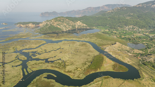 Fototapeta Naklejka Na Ścianę i Meble -  Aerial drone view of Dalyan delta and Iztuzu beach. Turkey. 