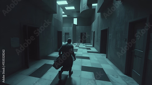 Navigating a shifting labyrinth filled with disappearing doors, a figure struggles to escape the confounding maze of confusion and despair