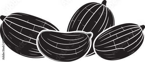 Black and White Illustration of Cacao Pods and Bean