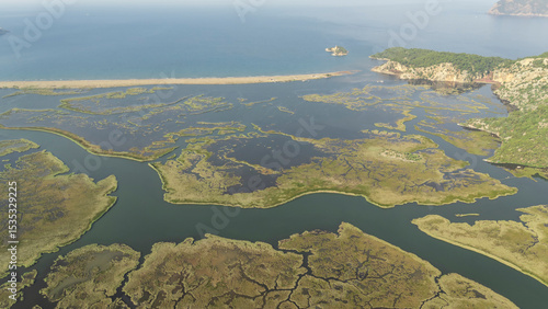 Fototapeta Naklejka Na Ścianę i Meble -  Aerial drone view of Dalyan delta and Iztuzu beach. Turkey. 