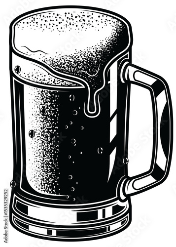 Black and white illustration of a beer mug with foam, done in a retro engraving style. The graphic is perfect for logos, posters, bar menus, packaging or clothing.