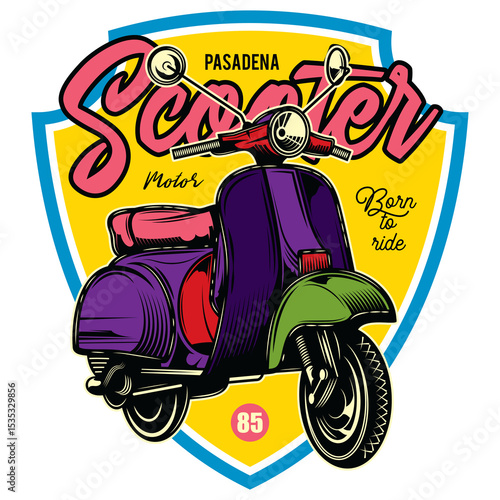 Original illustration in vintage style. Classic scooter. T-shirt design, design element.