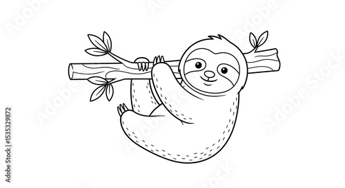 Cute sloth hanging on tree branch coloring page for kids and adults printable template on transparent background