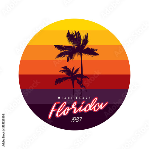 Vintage round sunset in 80's style. Design element.