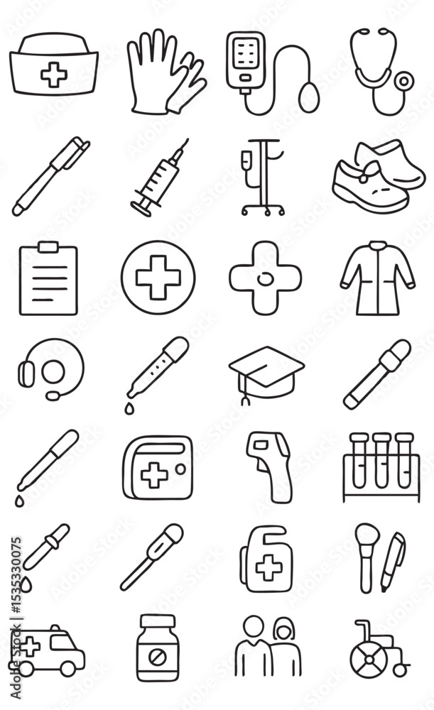 Obraz premium 30 Nurse Equipment Line Icons – Medical Tools Vector Set in Black and White