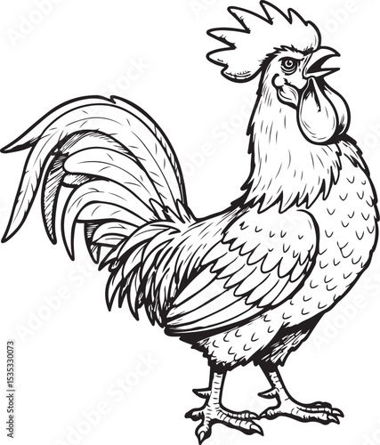 A black and white cartoon sketch of a rooster crowing with pride, cartoon, sketch, black and white, outline