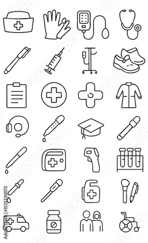 30 Nurse Equipment Line Icons – Medical Tools Vector Set in Black and White