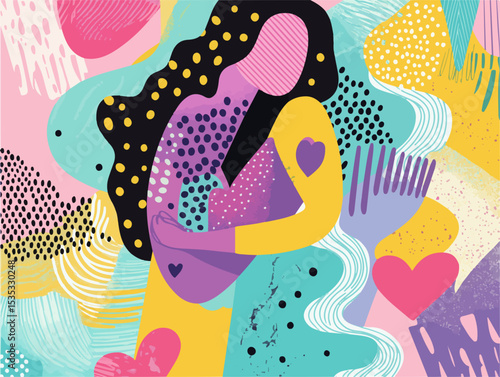 Memphis Style Vector Art Symbolizing Self-Love with Abstract Elements Forming a Woman Gently Embracing Herself