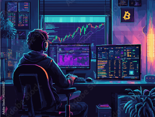 Pixel Art of a Young Man Trading and Investing at Night in a Dark Room Filled with Multiple Glowing Monitors