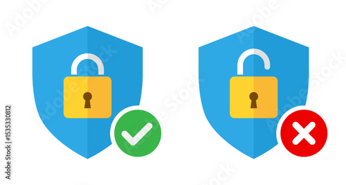 Tick and cross security shield icons with lock and unlock symbols for secure access and protection. Right, wrong guard antivirus safety vector set.