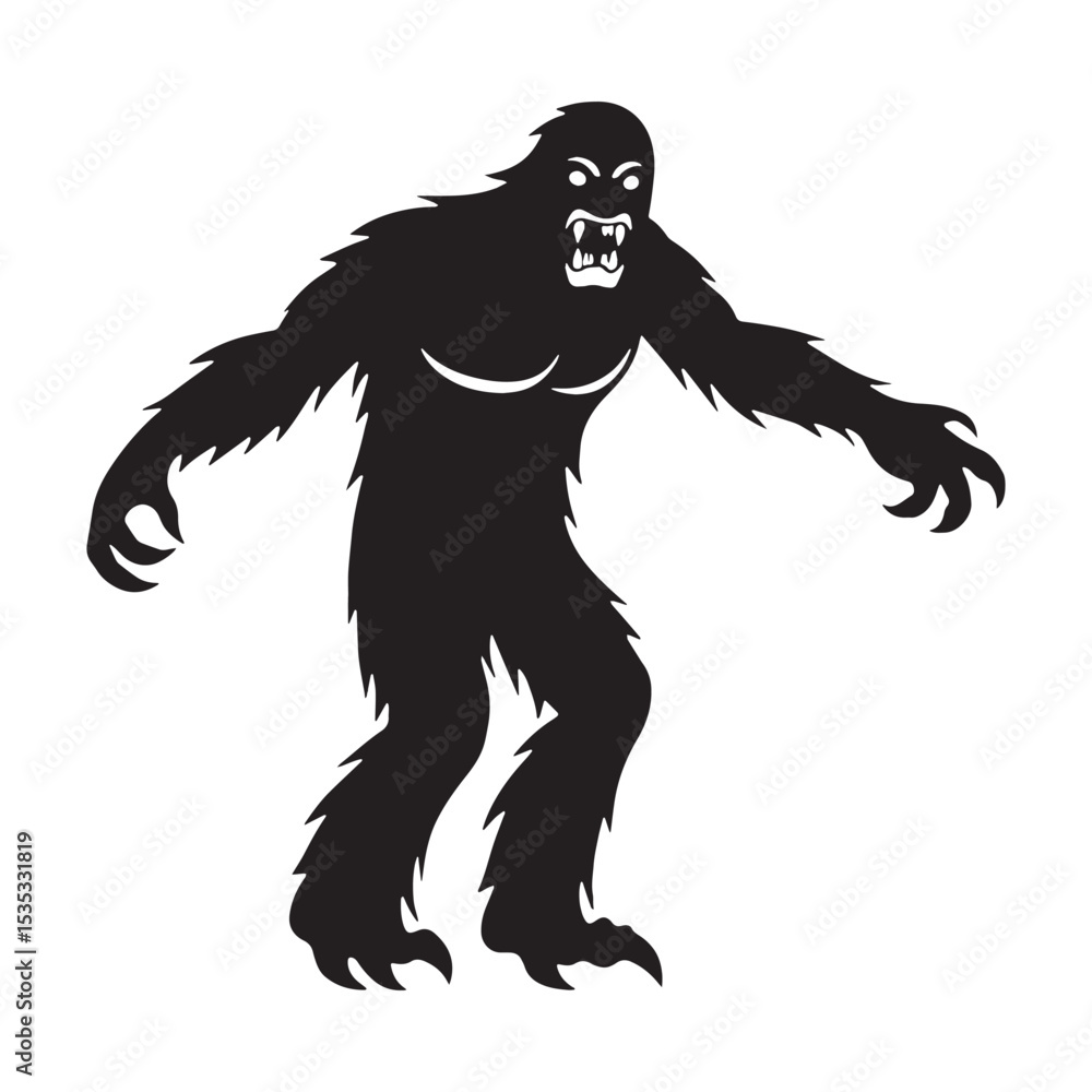 Fototapeta premium Eerie Feral Yeti Beast of the Frozen Tundra Shape Illustration with Snow Effects - yeti silhouette - yeti vector - silhouette of yeti - cursed snow creature art 