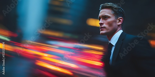 Dynamic, cinematic shot shows a confident businessman standing focused against a motion-blurred city at dusk. Light trails create high energy.