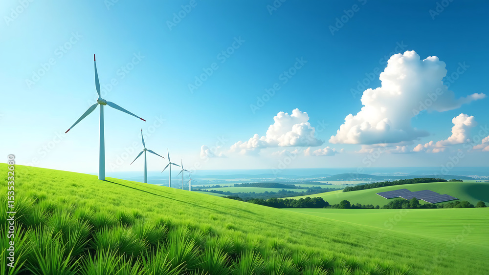Obraz premium aerial views wind turbines solar panels stretching towards horizon vast green landscape set bright blue sky
