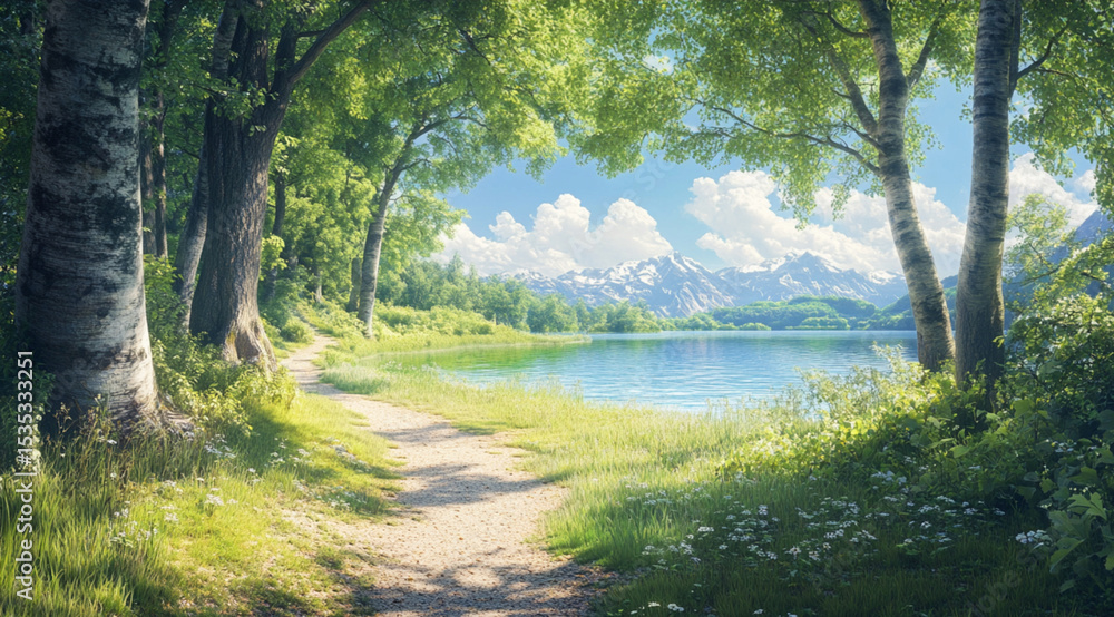 Obraz premium a peaceful summer landscape with a narrow dirt path leading into the distance, surrounded by lush green grass and tall trees, a calm blue lake reflecting the sky, sunlight filtering through the leaves
