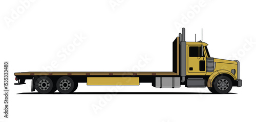 Yellow flatbed semi truck side view illustration