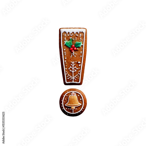 Exclamation mark made from Christmas gingerbread cookies with glaze patterns