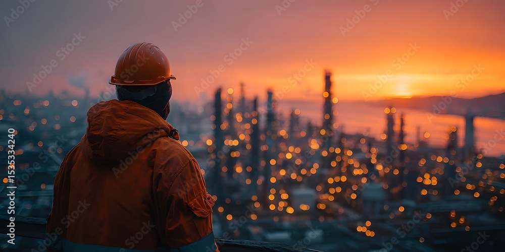 Fototapeta premium Rear view of an engineer in an orange hard hat, looking over a sprawling oil refinery at dusk. Warm, golden hour lighting creates a cinematic mood.