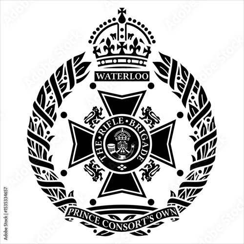 Elegant black-and-white vector illustration of the official emblem of "The Rifle Brigade (Prince Consort's Own)," a renowned infantry regiment in British military history.