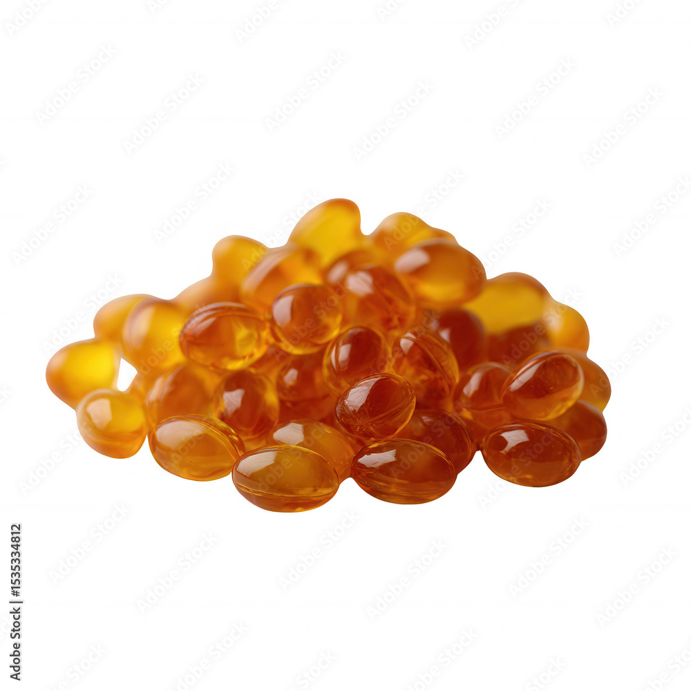 Fototapeta premium A collection of amber-colored gelatin capsules stacked together, showcasing their smooth surface and vivid hue against a white isolated background.