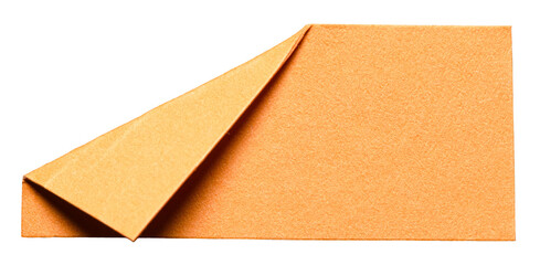 Orange isolated cut out blank paper note cardboard with folded corner dog-ear earmark and copy space for text, transparent png background design element