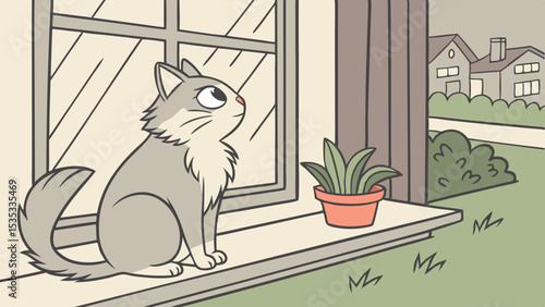 Vector illustration of a cat sitting by a window, contemplating the outdoors, cozy home setting, copy space