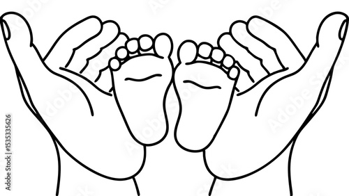 Vector illustration of hands holding newborn baby feet, symbol of parenthood, clean design, copy space