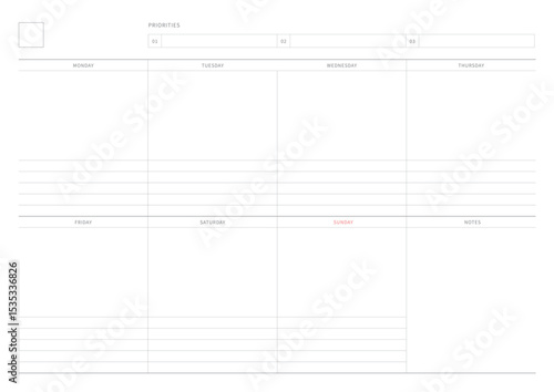 A weekly plan design template in a modern, simple, and minimalist style. Note, scheduler, diary, calendar, planner document template illustration.