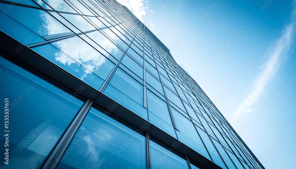 Obraz premium Modern high-rise office building with glass facade under clear sky. Clean architectural exterior, ideal for business or urban themes.