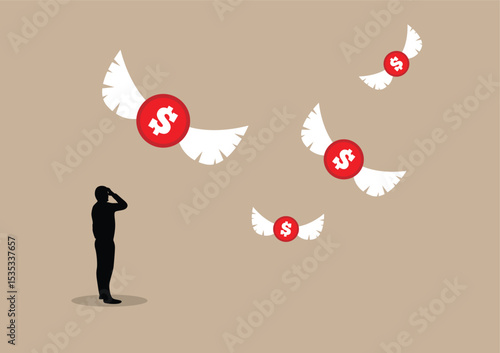 Silhouette of Business Man Watching as Dollars Fly Away. Money and managing finances, economy in crisis concept vector art
