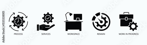 Key Stages Of Progress Icon Set Isolated Vector With Icon Of Process, Services, Workspace, Remain, Work In Progress In Glyph Style