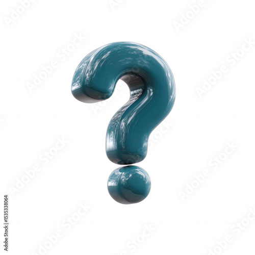 A vibrant teal question mark symbol, designed with a glossy finish, against a white isolated background, perfect for illustrating questioning or uncertainty in visuals.