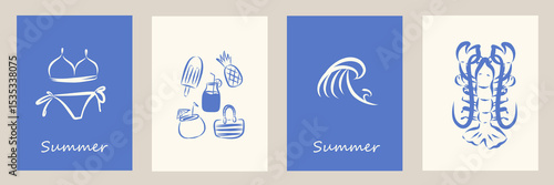 Wallpaper Mural Set of modern abstract summer poster in sketch doodle style. Modern prints with hand drawn drink, bikini, lobster, fruit, wave. Vacation and beach concept. Trendy design for cards, wall art, branding. Torontodigital.ca