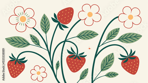 Hand drawn illustration of a strawberry plant with blossoms and berries in vector format