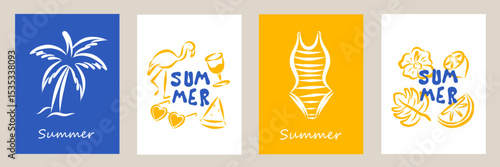 Set of modern abstract summer poster in sketch doodle style. Modern prints with hand drawn wine, bikini, lemon, palm tree. Vacation and beach concept. Trendy flat design for cards, wall art, branding.