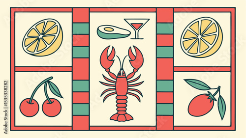 Hand drawn illustration of seafood and fruit arrangement in a unique decorative grid