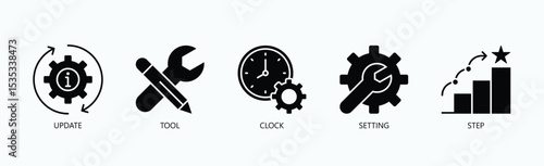 Essential Workflow Tools Icon Set Isolated Vector With Icon Of Update, Tool, Clock, Setting, Step In Glyph Style