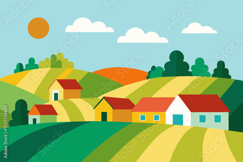 Charming Countryside Village Rolling Hills, Farmhouses, and Sunny Skies