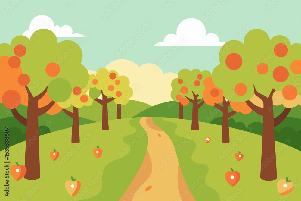 Autumn Orchard Pathway A Serene Landscape Illustration of Fruit Trees and Winding Road Autumn Orchard Pathway A Serene Landscape Illustration of Fruit Trees and Winding Road