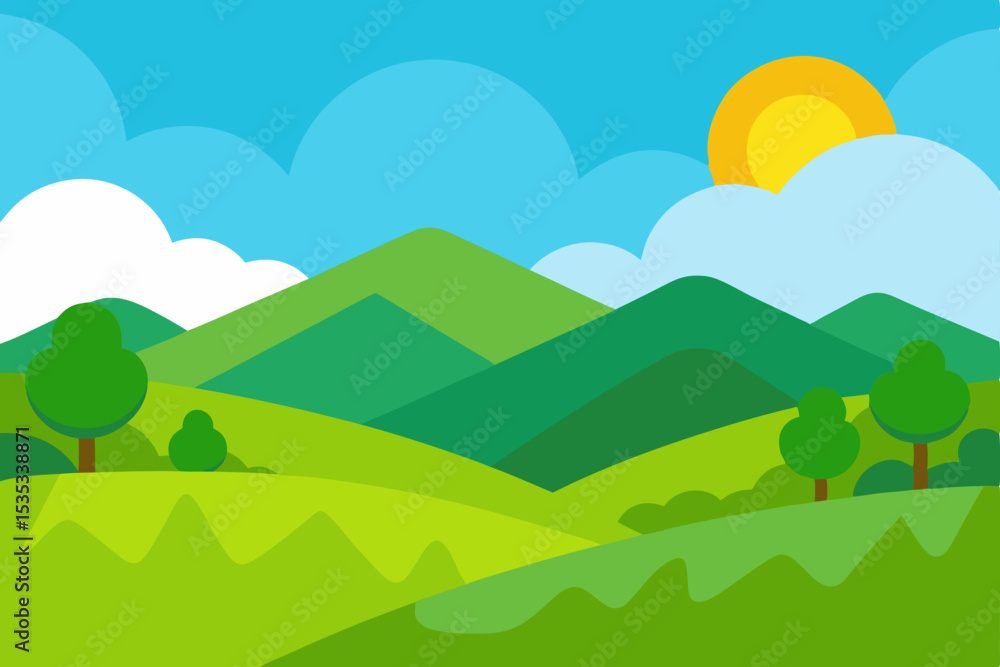 Obraz premium Serene Sunny Landscape Rolling Green Hills and Blue Sky Illustration