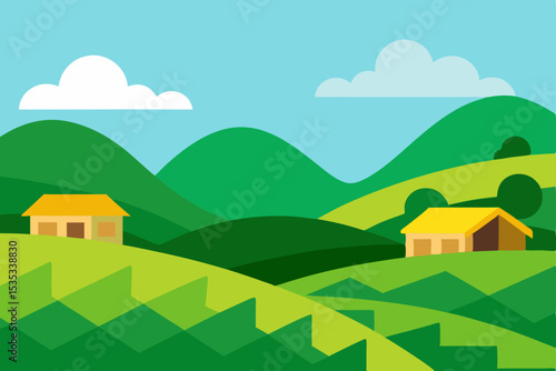 Serene Countryside Landscape Rolling Hills, Green Fields, and Charming Houses