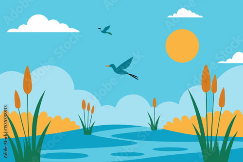 Serene Summer Landscape Birds in Flight Over Calm Water and Reeds
