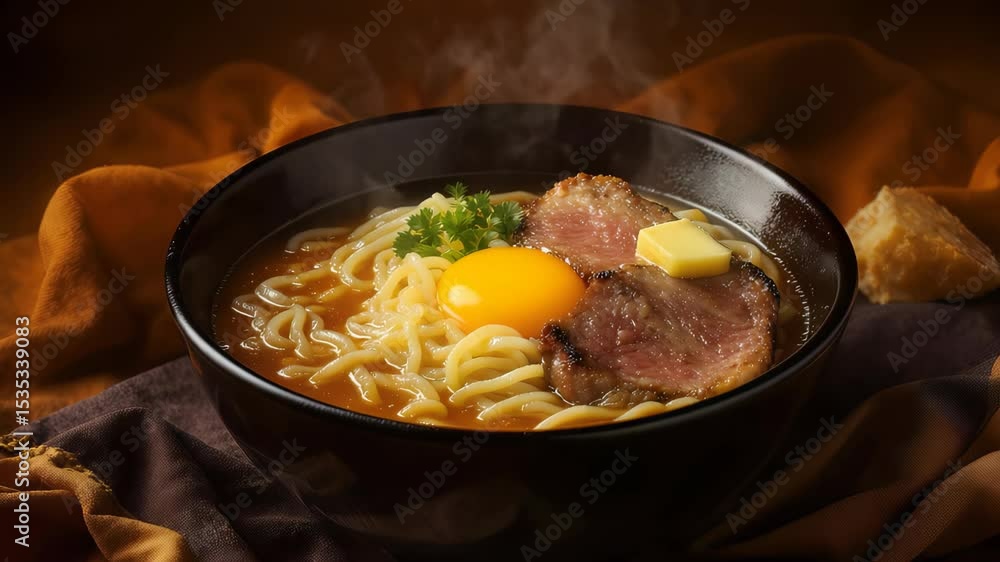 Delicious and Steaming Bowl of Ramen with Egg, Pork, and Butter - Close-Up View of Traditional Japanese Noodle Soup for Asian Cuisine and Food Stock Video Delicious and Steaming Bowl of Ramen with Egg, Pork, and Butter - Close-Up View of Traditional Japanese Noodle Soup for Asian Cuisine and Food Stock Video