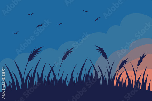 Sky nature landscape with silhouetted grass, trees, and birds, under a moonlit night or a vibrant sunset
