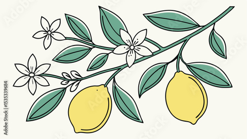 Hand drawn lemon branch with lemons flowers and leaves floral vector illustration