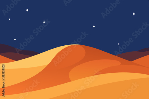 Vector illustration of a vibrant desert landscape with sun-kissed sand dunes and distant mountains under an orange and yellow sky, silhouetting the dry, hot nature of the Sahara at sunset