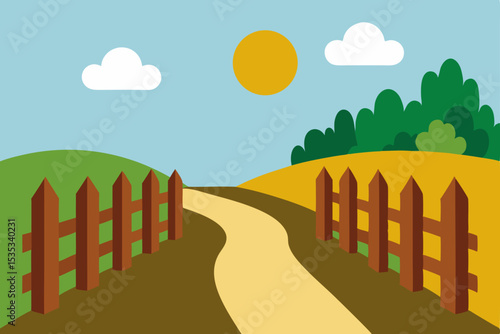 Pastoral summer landscape with a wooden fence, green grass, and blue sky with clouds