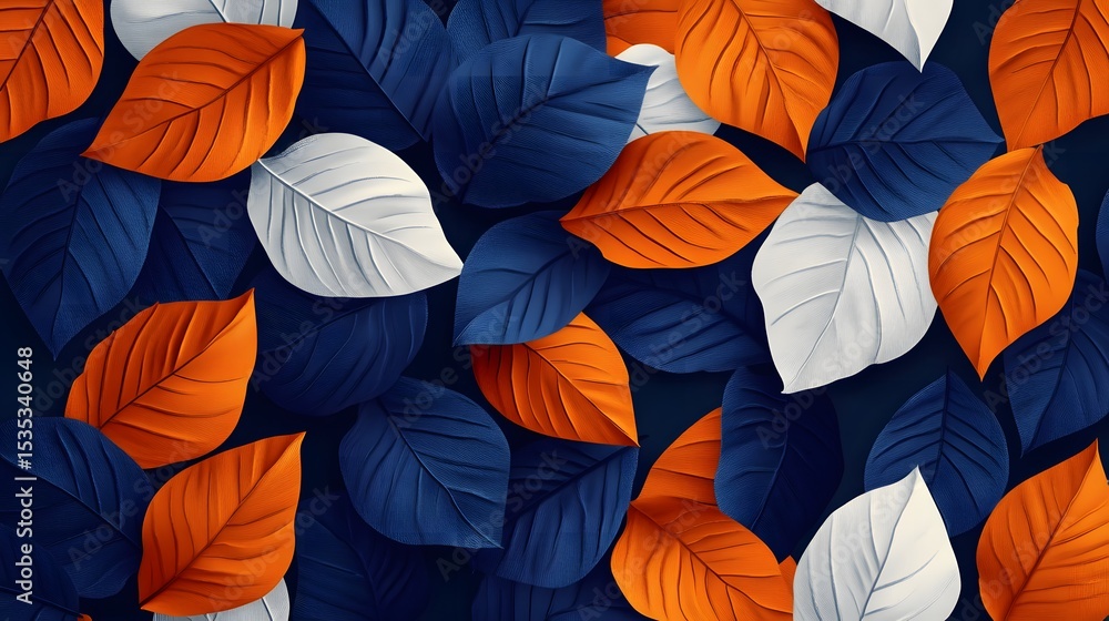 Elegant background of orange, white and navy blue leaves pattern for autumn design Elegant background of orange, white and navy blue leaves pattern for autumn design